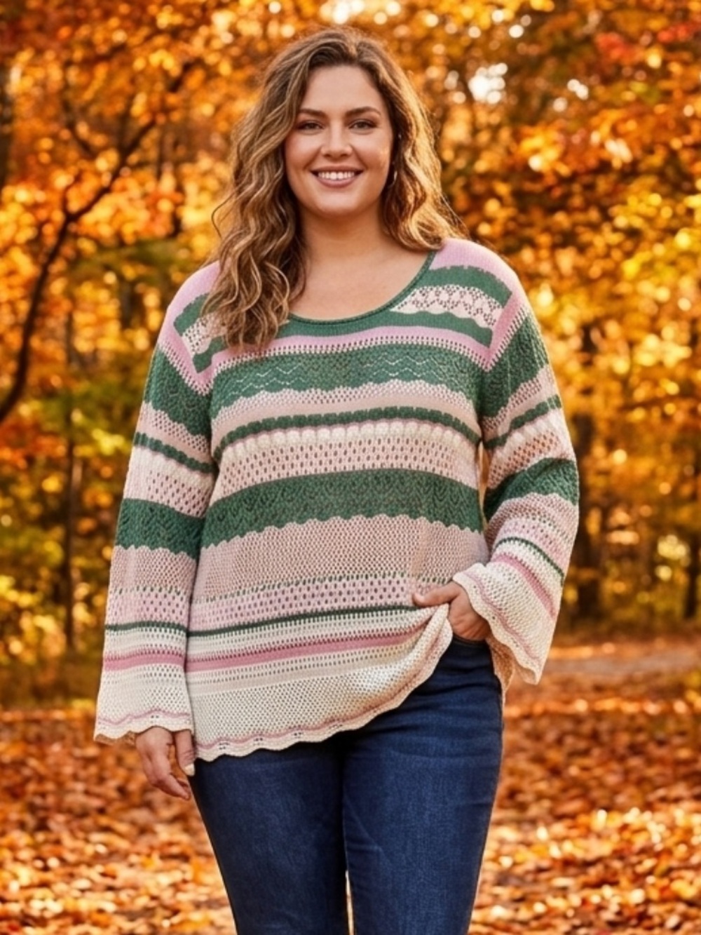 BloomChic Striped Open-Knit Sweater in Pink, Green & Cream size 1X (14-16)